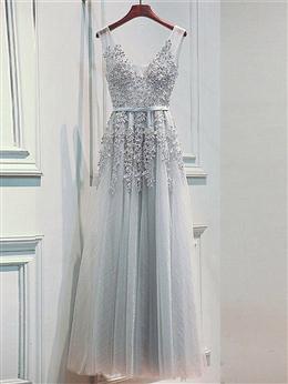 Picture of Light Sliver Grey Lace Applique V-neckline Long Party Dresses, Light Grey Wedding Party Dresses